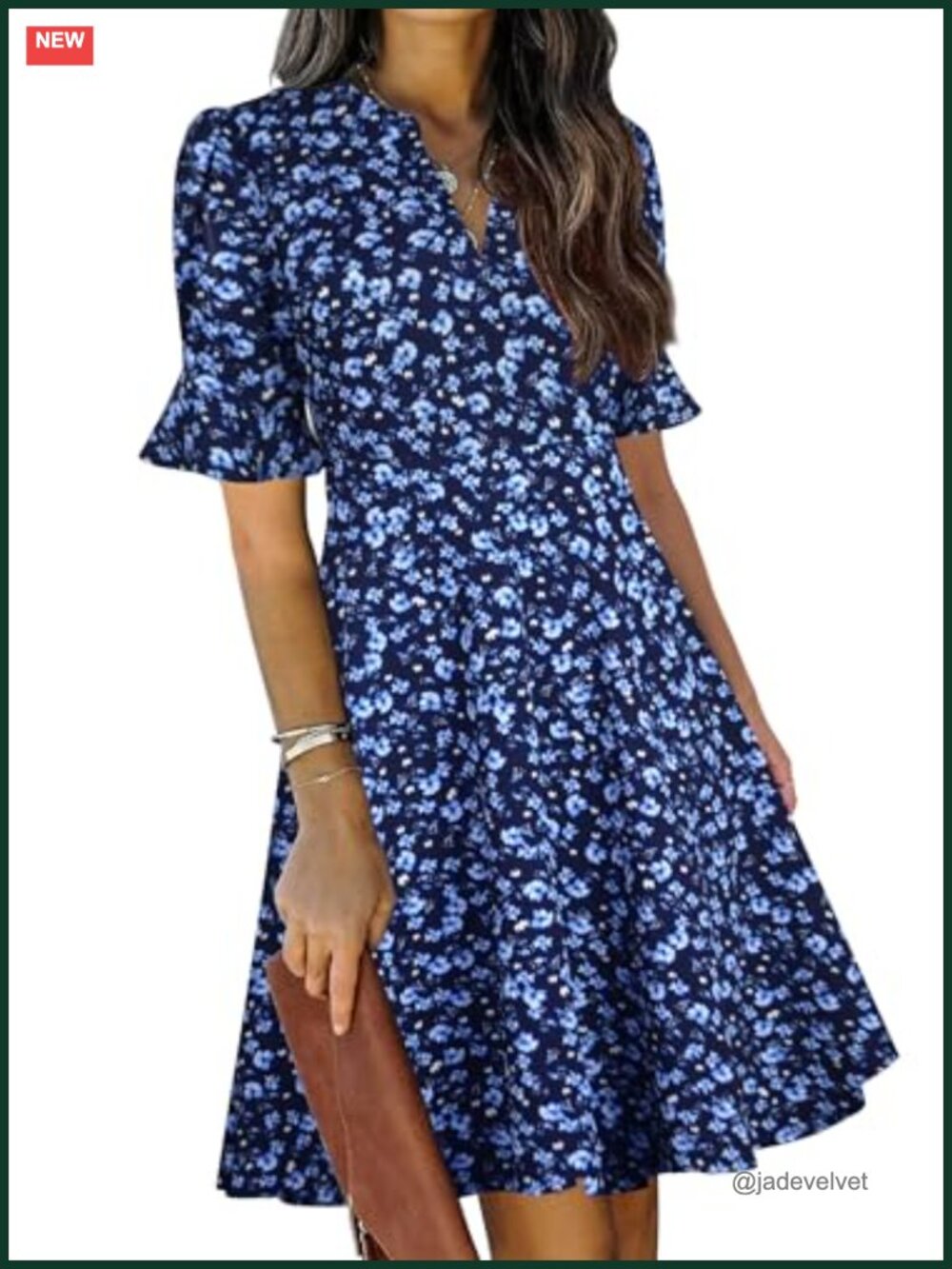 Women's V-Neck Ruffle Sleeve Fit and Flare Midi Dress, Knee Length with Pockets